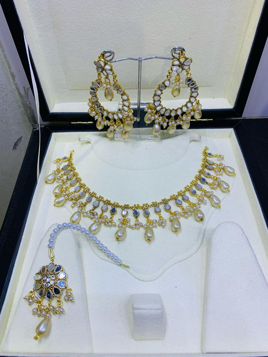 Bridal Pearl & Kundan Gold Plated Artificial Set - 3 Pcs  Design