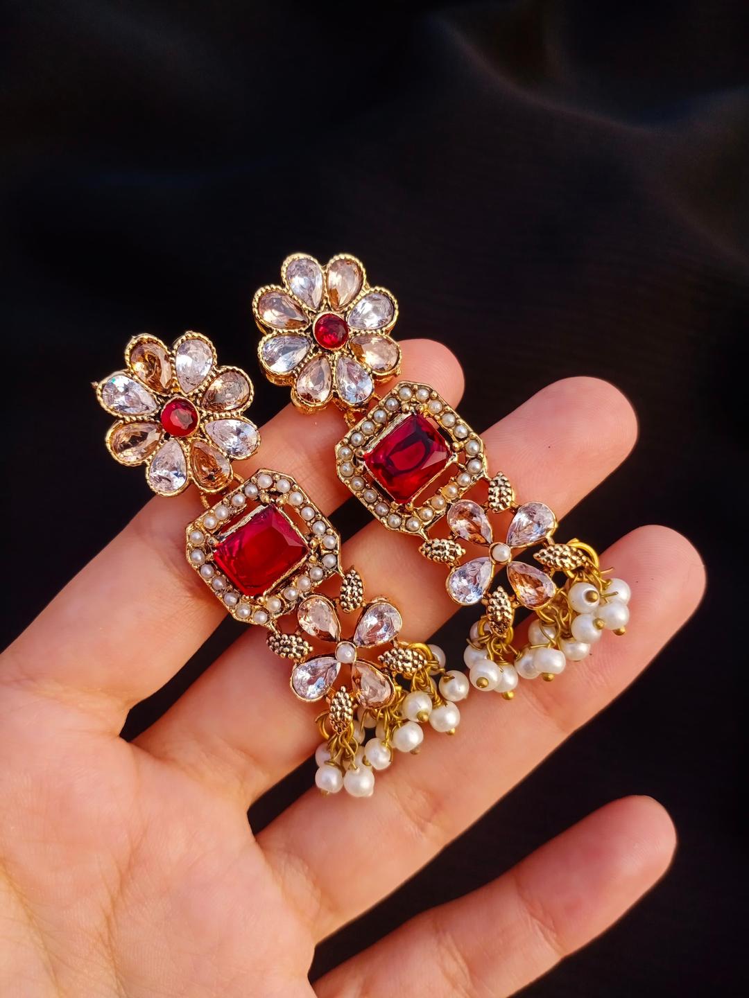 Luxury Gold Plated Bridal Set with Red and White Zircon - 3 Pcs Adjustable Design