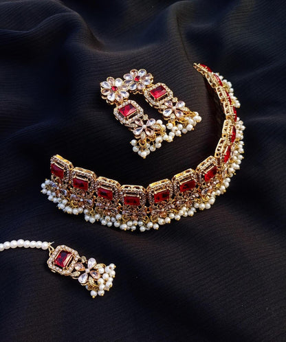 Luxury Gold Plated Bridal Set with Red and White Zircon - 3 Pcs Adjustable Design