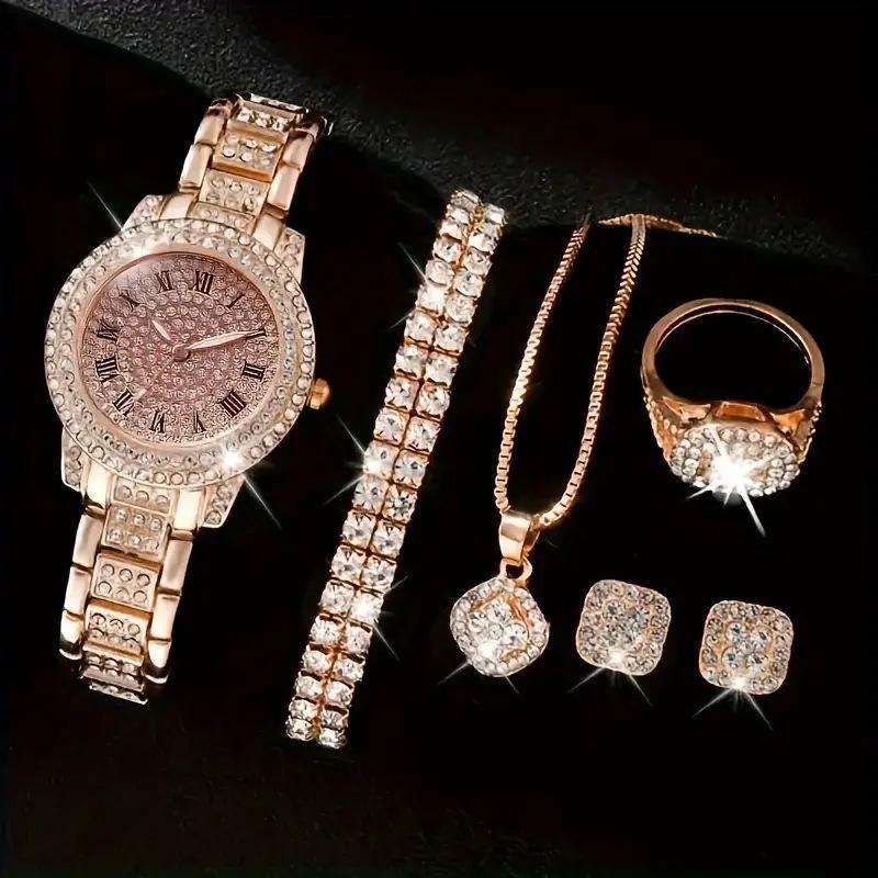 Women's Diamond Artificial Set - Roman Watch - Rose Gold