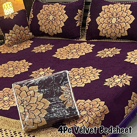 Luxury 4Pc Velvet Jacquard Bedsheet Set – Soft & Stylish Bedding